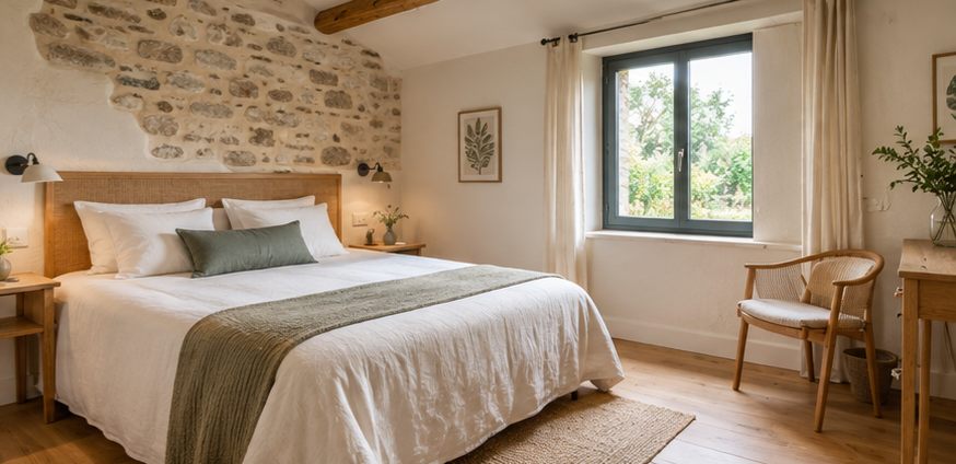 Chambre d'un hébergement en domaine viticole, pierre et bois