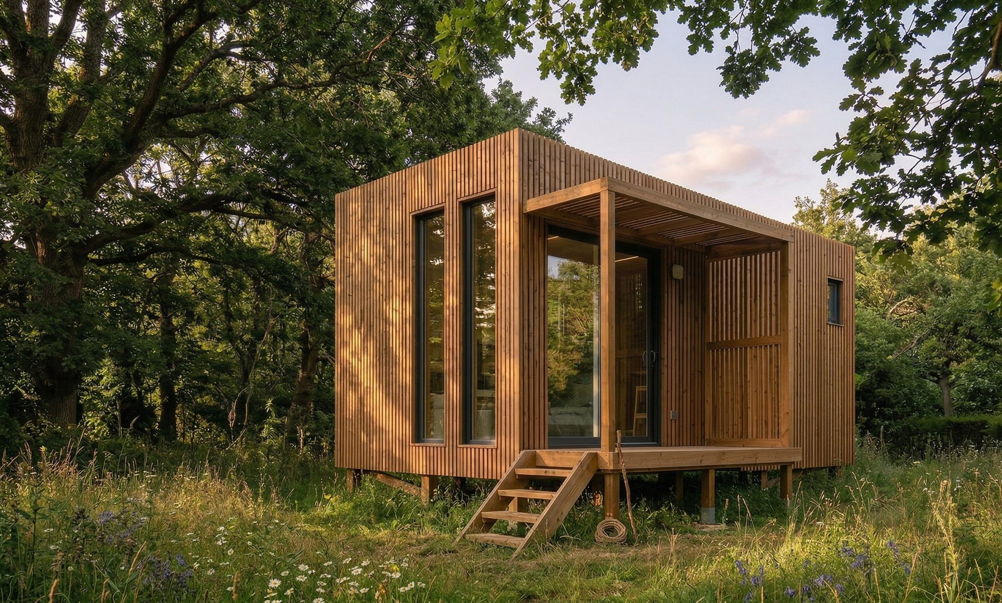 Lodge en bois installé en lisière, dans un cadre naturel