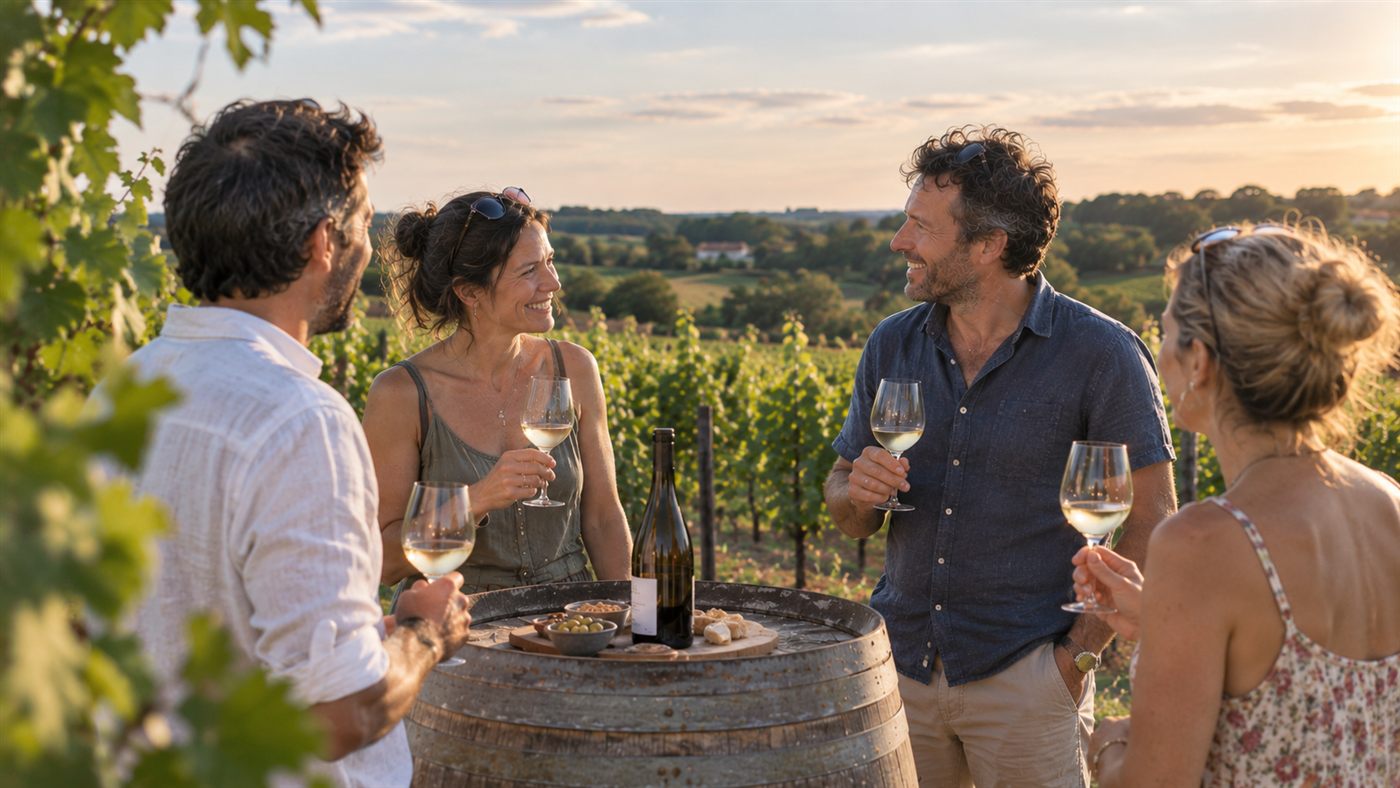 Voyageurs partageant un verre avec le vigneron, au milieu des vignes